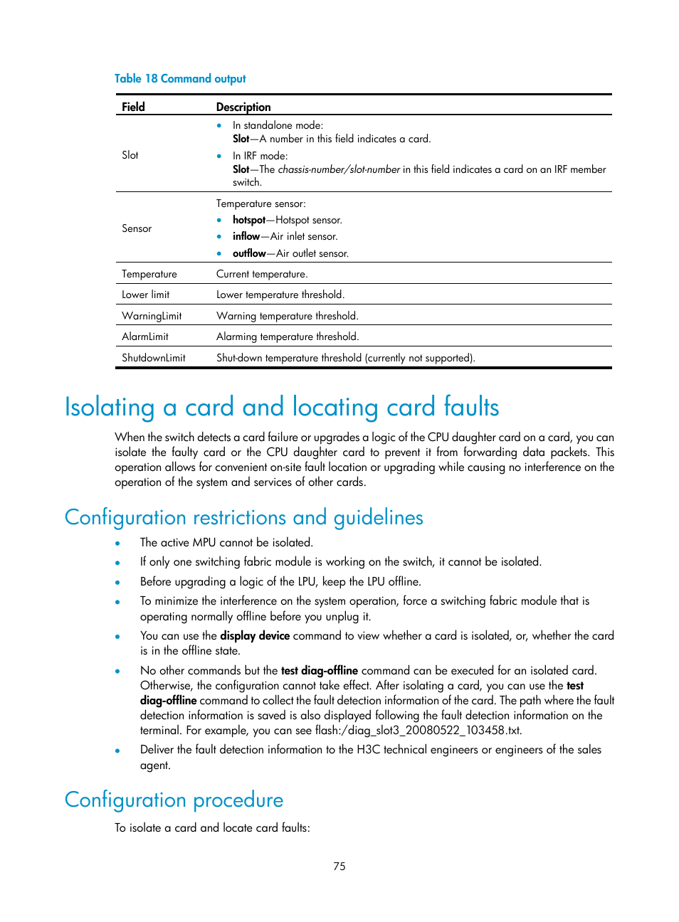 Isolating a card and locating card faults, Configuration restrictions and guidelines, Configuration procedure | H3C Technologies H3C S12500 Series Switches User Manual | Page 85 / 170