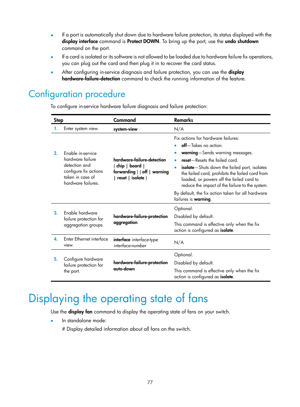 Configuration procedure, Displaying the operating state of fans | H3C Technologies H3C S12500 Series Switches User Manual | Page 87 / 170