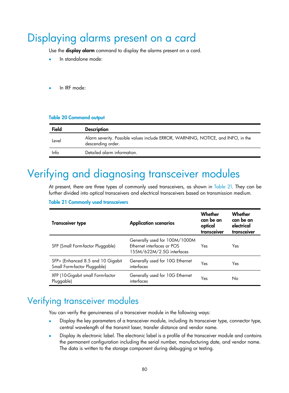Displaying alarms present on a card, Verifying and diagnosing transceiver modules, Verifying transceiver modules | H3C Technologies H3C S12500 Series Switches User Manual | Page 90 / 170