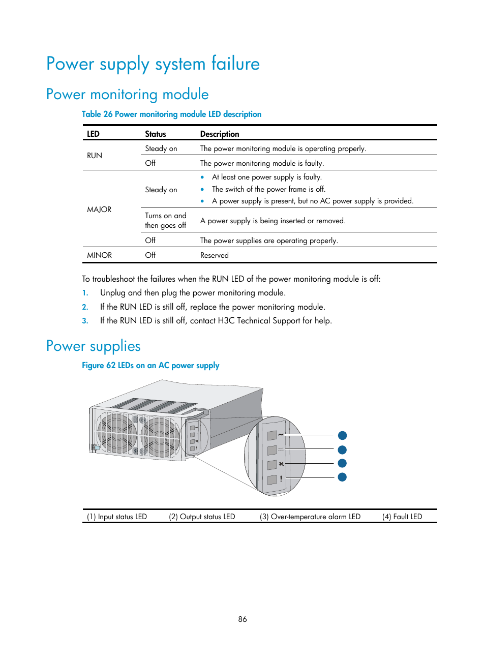 Power supply system failure, Power monitoring module, Power supplies | H3C Technologies H3C S12500 Series Switches User Manual | Page 96 / 170