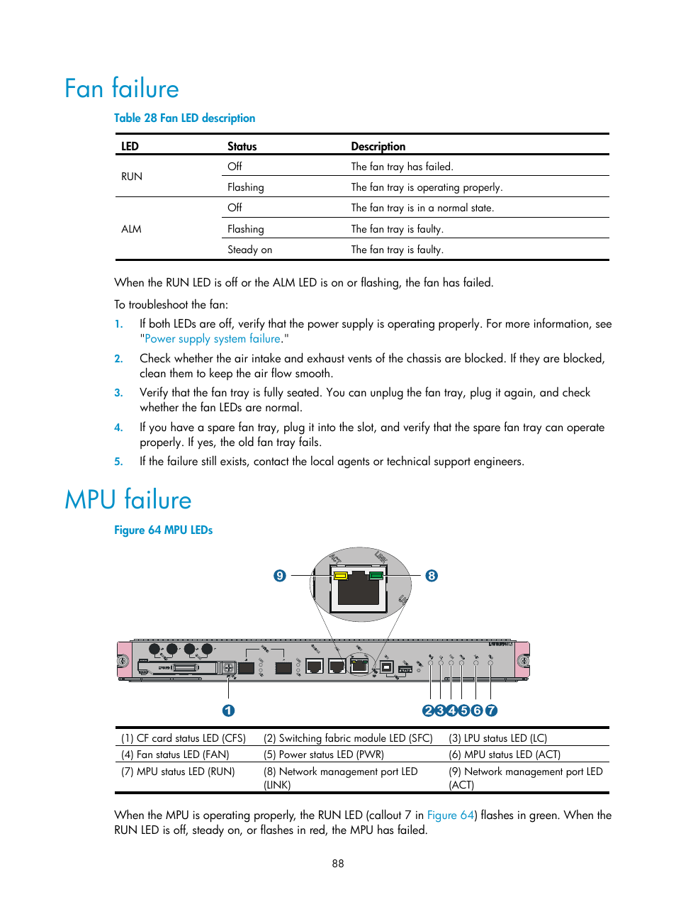 Fan failure, Mpu failure | H3C Technologies H3C S12500 Series Switches User Manual | Page 98 / 170