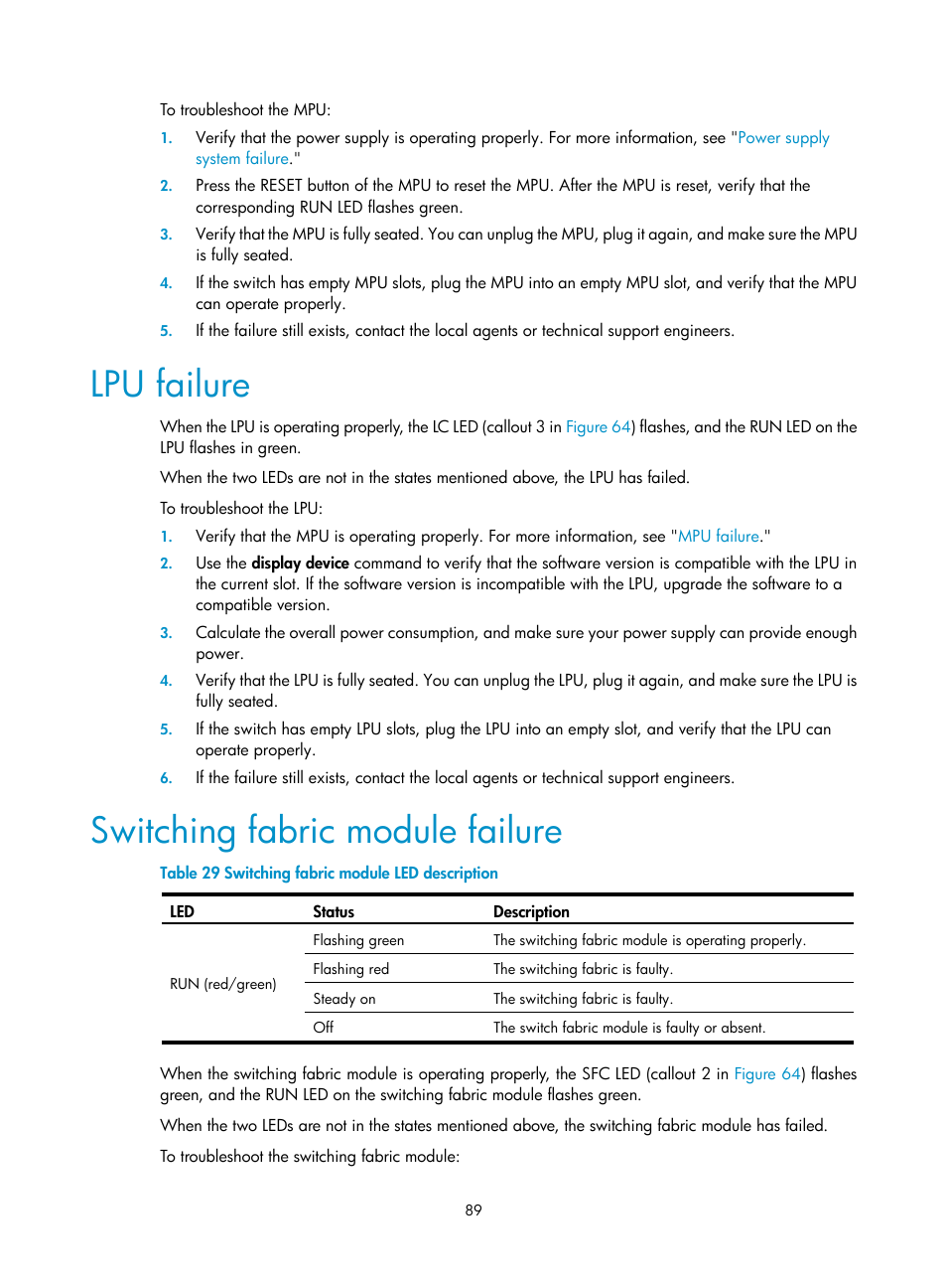 Lpu failure, Switching fabric module failure | H3C Technologies H3C S12500 Series Switches User Manual | Page 99 / 170