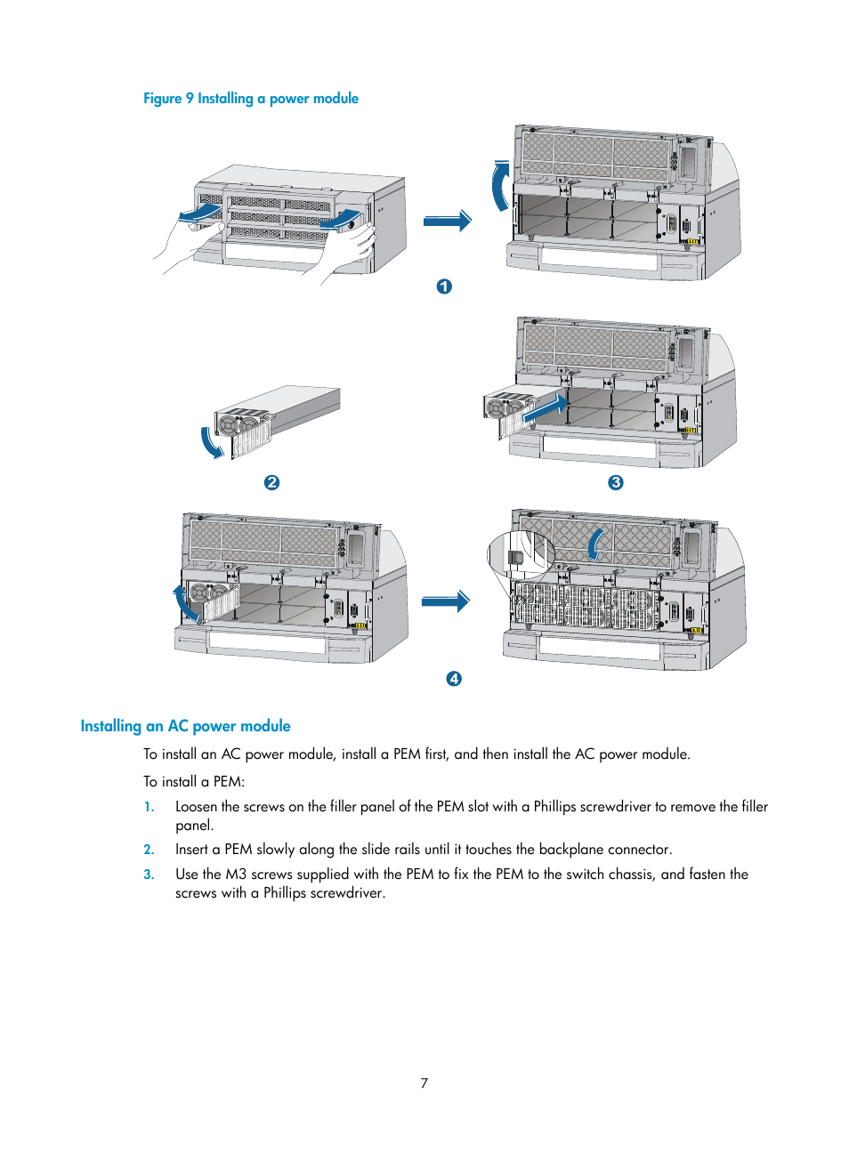 Installing an ac power module | H3C Technologies H3C S12500 Series Switches User Manual | Page 10 / 21
