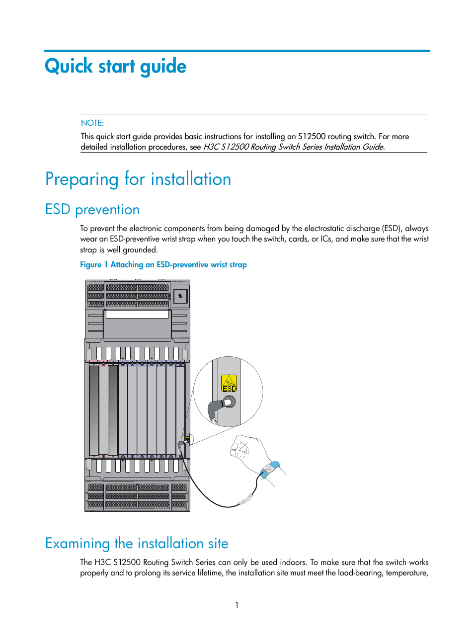 Quick start guide, Preparing for installation, Esd prevention | Examining the installation site | H3C Technologies H3C S12500 Series Switches User Manual | Page 4 / 21