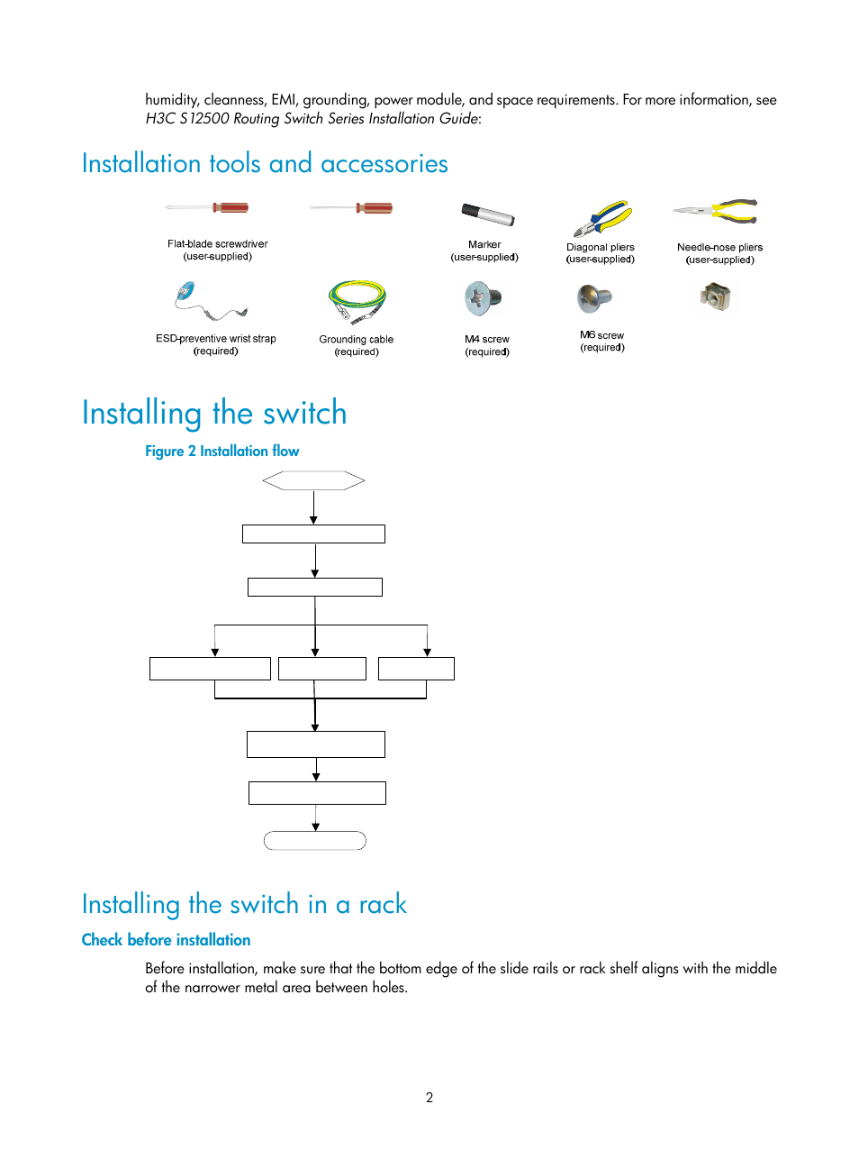 Installation tools and accessories, Installing the switch, Installing the switch in a rack | Check before installation | H3C Technologies H3C S12500 Series Switches User Manual | Page 5 / 21
