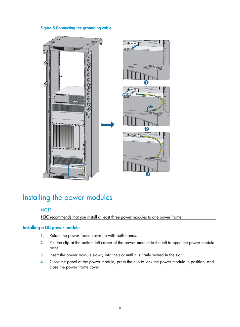 Installing the power modules, Installing a dc power module | H3C Technologies H3C S12500 Series Switches User Manual | Page 9 / 21