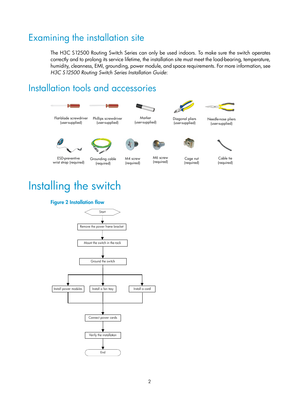 Examining the installation site, Installation tools and accessories, Installing the switch | H3C Technologies H3C S12500 Series Switches User Manual | Page 5 / 19