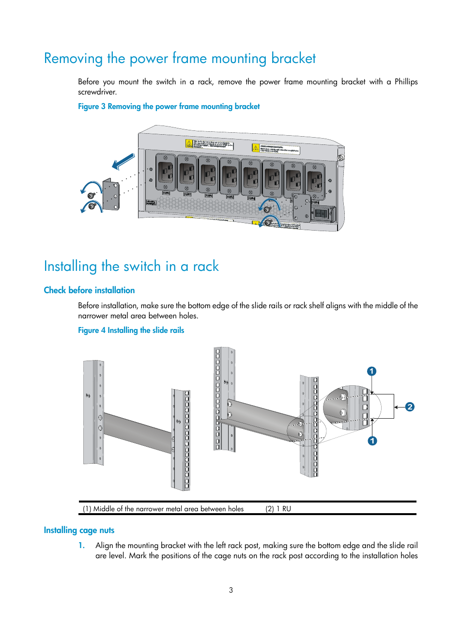 Removing the power frame mounting bracket, Installing the switch in a rack, Check before installation | Installing cage nuts | H3C Technologies H3C S12500 Series Switches User Manual | Page 6 / 19