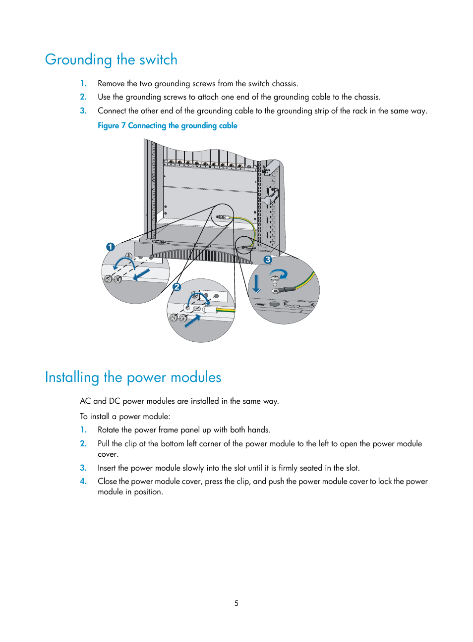Grounding the switch, Installing the power modules | H3C Technologies H3C S12500 Series Switches User Manual | Page 8 / 19
