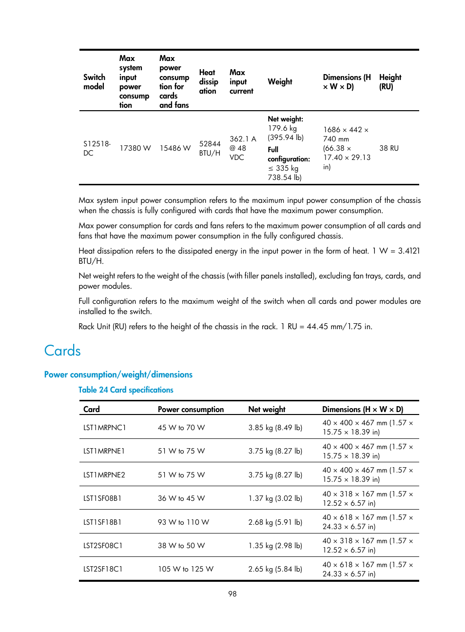 Cards, Power consumption/weight/dimensions | H3C Technologies H3C S12500 Series Switches User Manual | Page 108 / 163