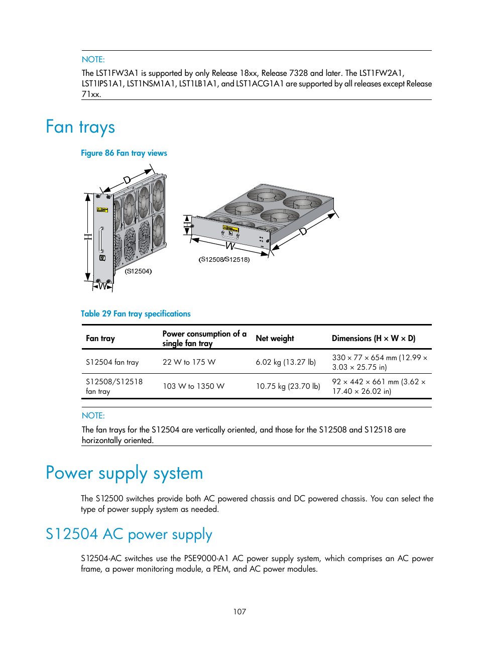Fan trays, Power supply system, S12504 ac power supply | H3C Technologies H3C S12500 Series Switches User Manual | Page 117 / 163