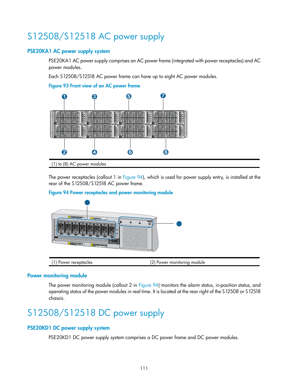 S12508/s12518 ac power supply, Pse20ka1 ac power supply system, Power monitoring module | S12508/s12518 dc power supply, Pse20kd1 dc power supply system | H3C Technologies H3C S12500 Series Switches User Manual | Page 121 / 163