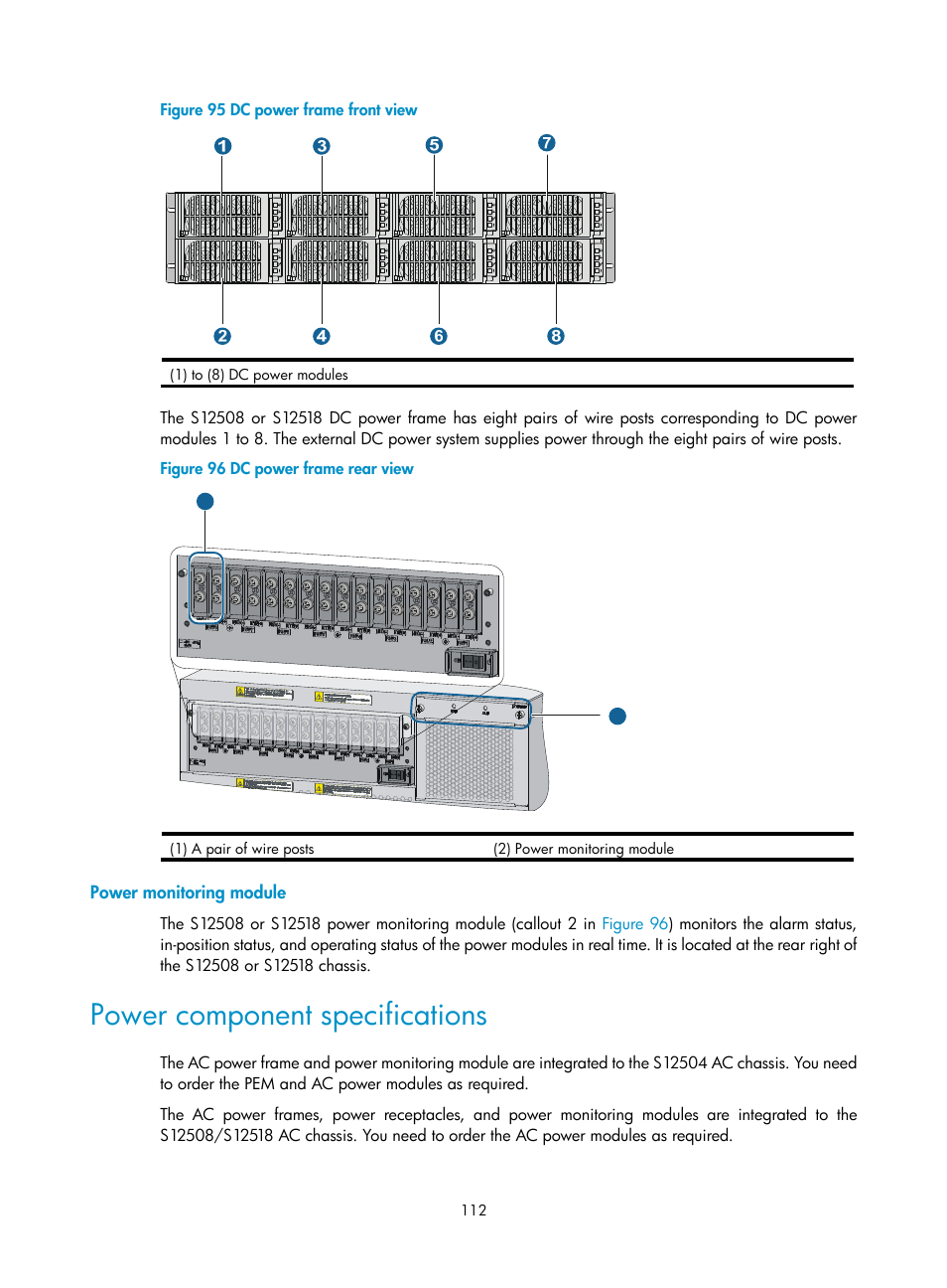 Power monitoring module, Power component specifications | H3C Technologies H3C S12500 Series Switches User Manual | Page 122 / 163