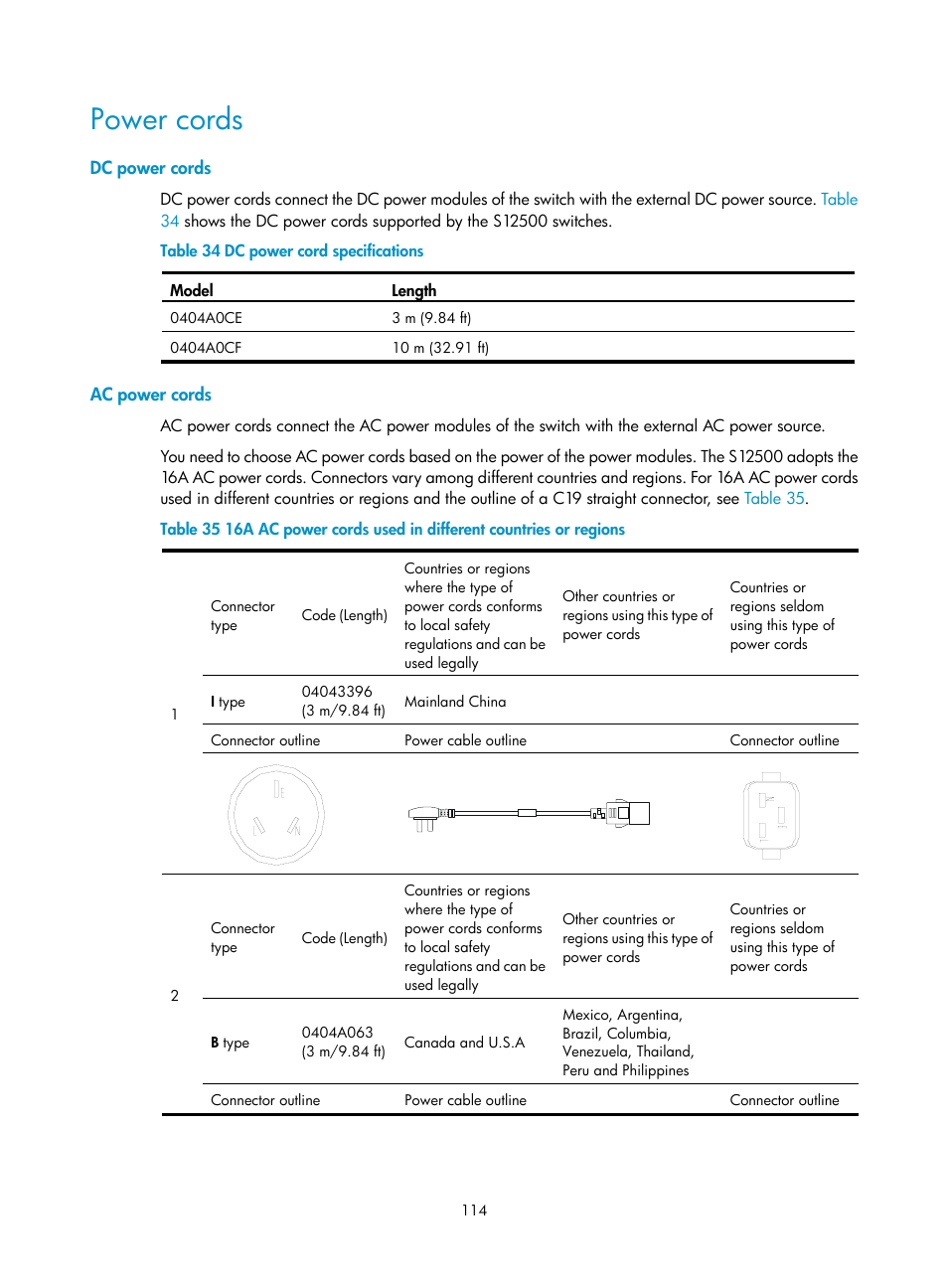 Power cords, Dc power cords, Ac power cords | H3C Technologies H3C S12500 Series Switches User Manual | Page 124 / 163