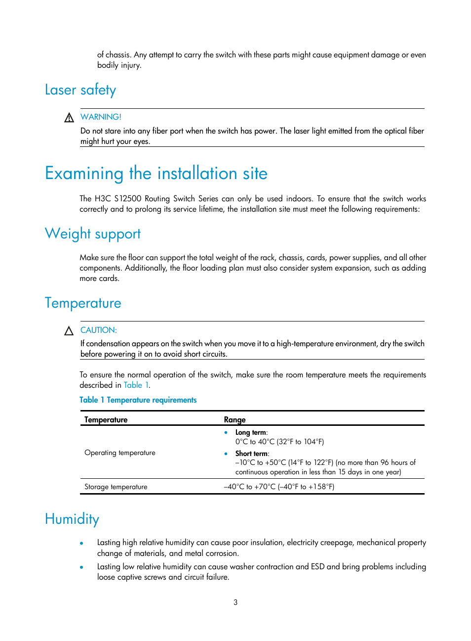 Laser safety, Examining the installation site, Weight support | Temperature, Humidity | H3C Technologies H3C S12500 Series Switches User Manual | Page 13 / 163