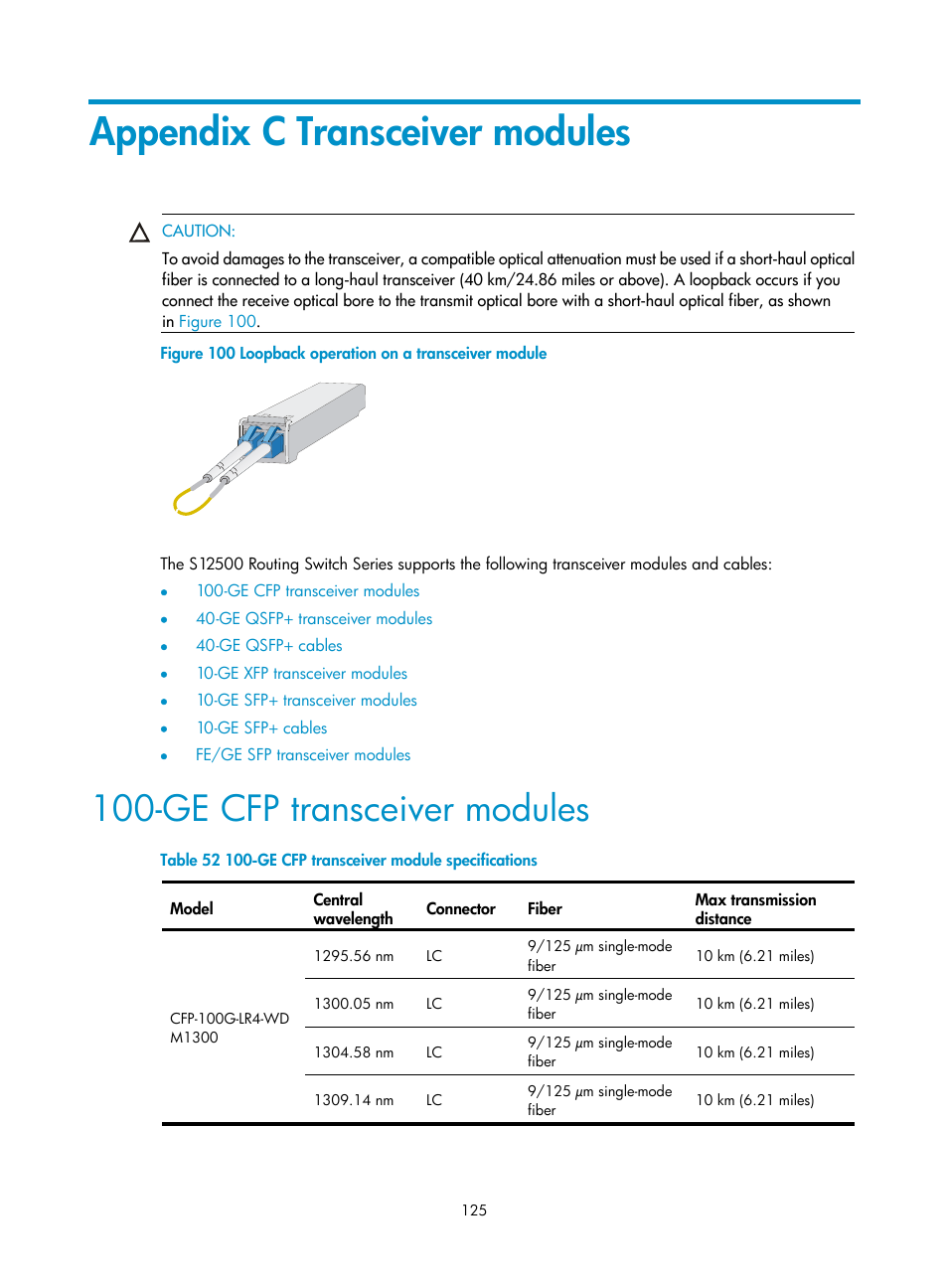 Appendix c transceiver modules, Ge cfp transceiver modules | H3C Technologies H3C S12500 Series Switches User Manual | Page 135 / 163