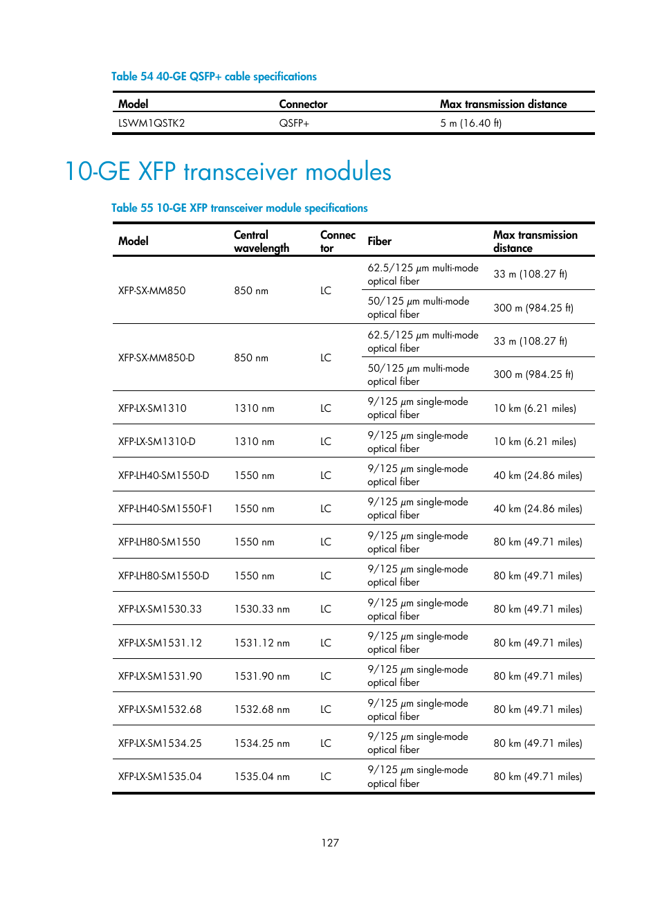 Ge xfp transceiver modules | H3C Technologies H3C S12500 Series Switches User Manual | Page 137 / 163