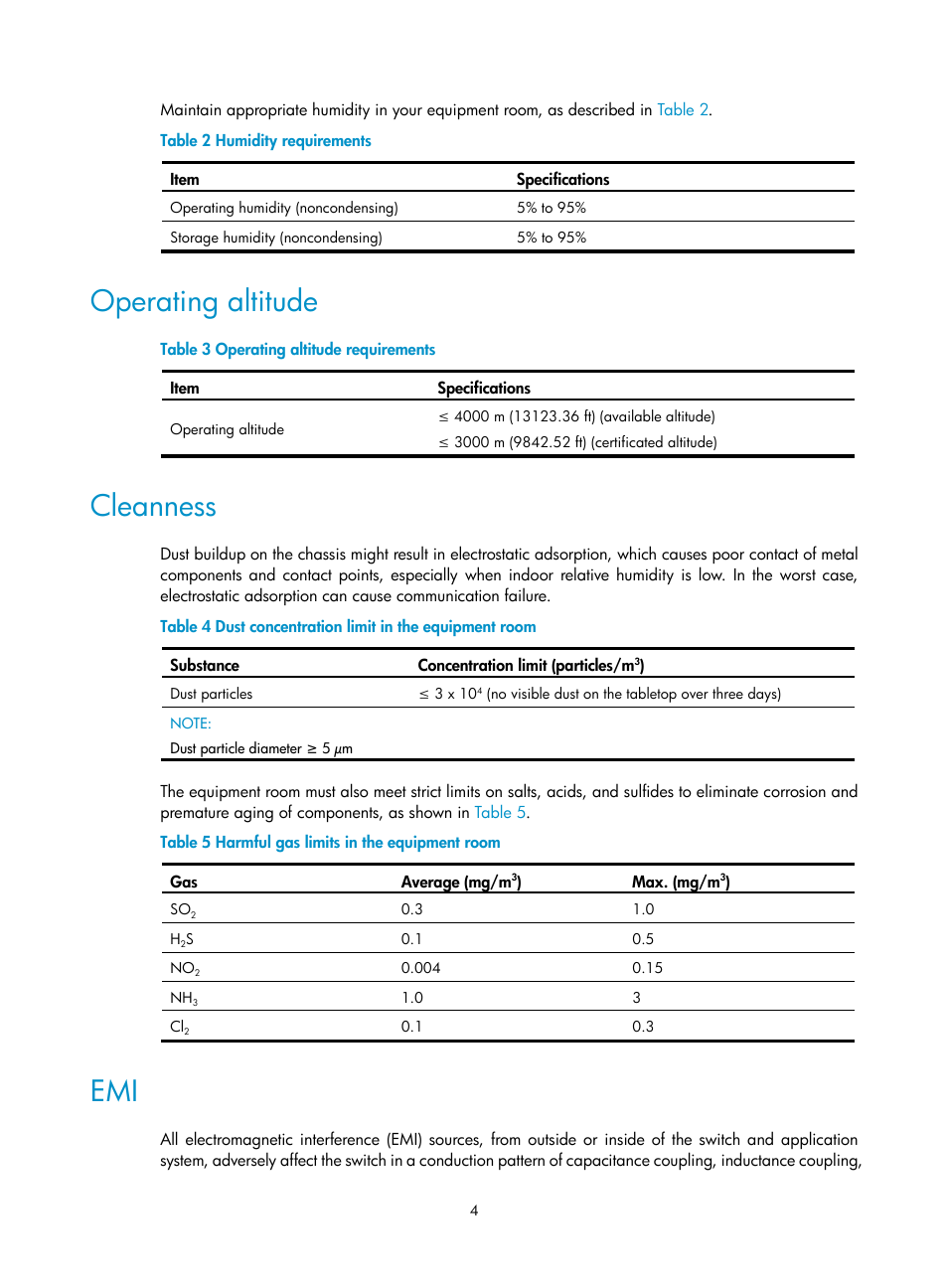 Operating altitude, Cleanness | H3C Technologies H3C S12500 Series Switches User Manual | Page 14 / 163