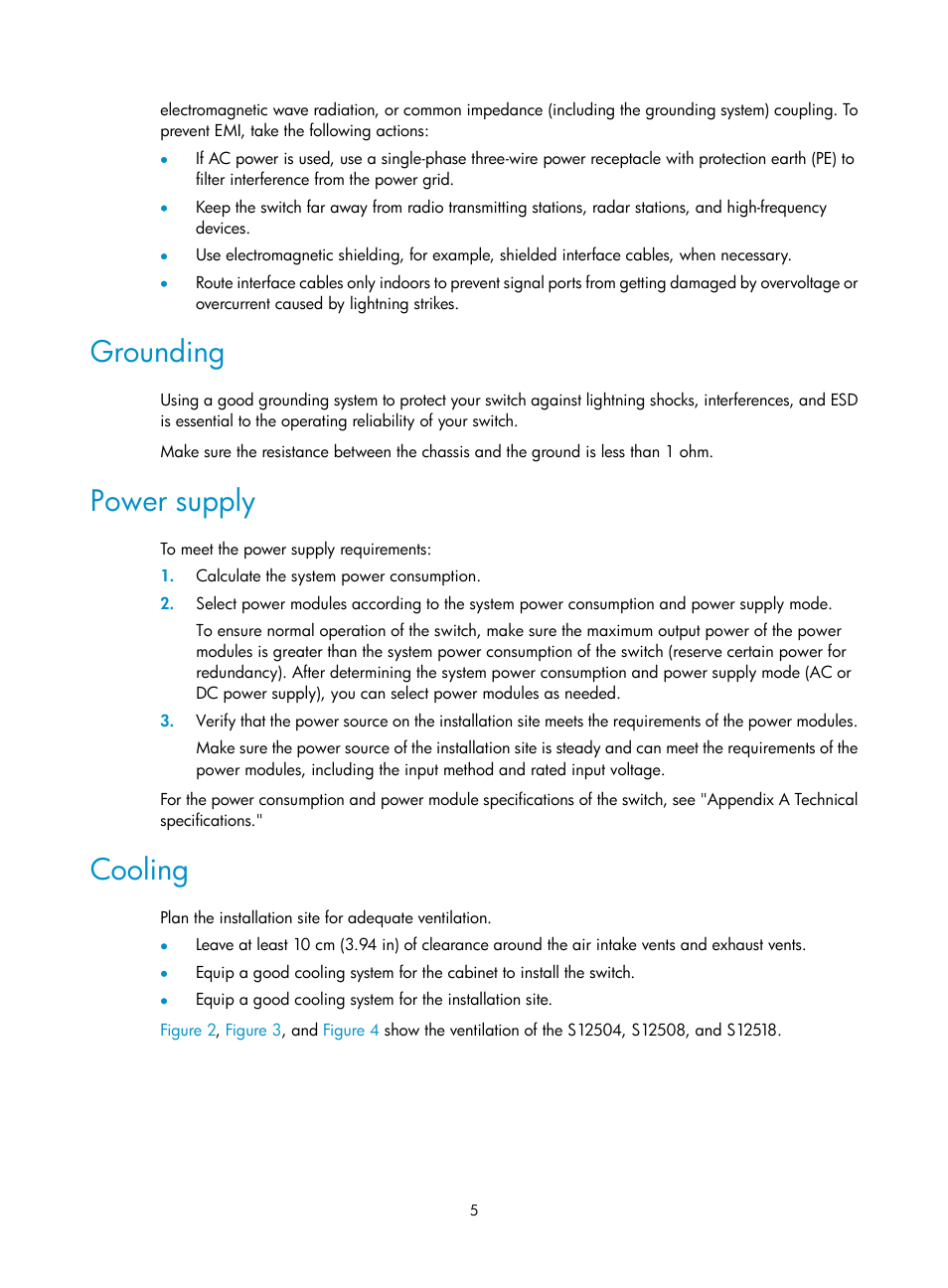 Grounding, Power supply, Cooling | H3C Technologies H3C S12500 Series Switches User Manual | Page 15 / 163