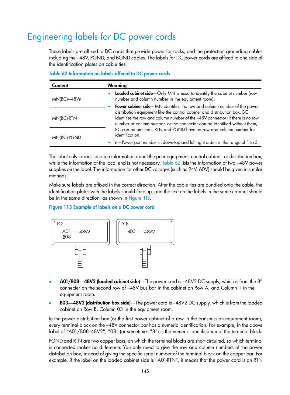 Engineering labels for dc power cords | H3C Technologies H3C S12500 Series Switches User Manual | Page 155 / 163