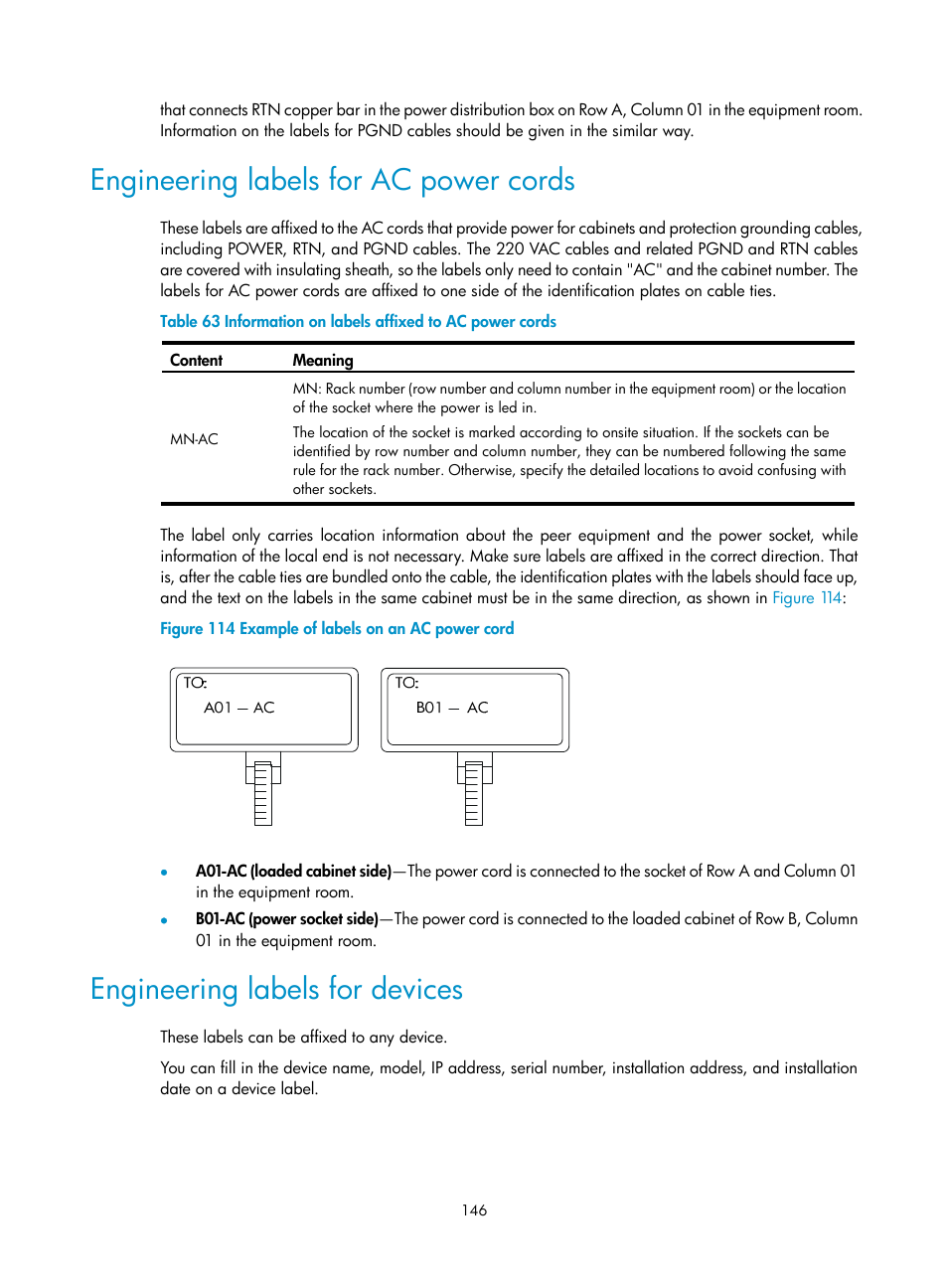 Engineering labels for ac power cords, Engineering labels for devices | H3C Technologies H3C S12500 Series Switches User Manual | Page 156 / 163