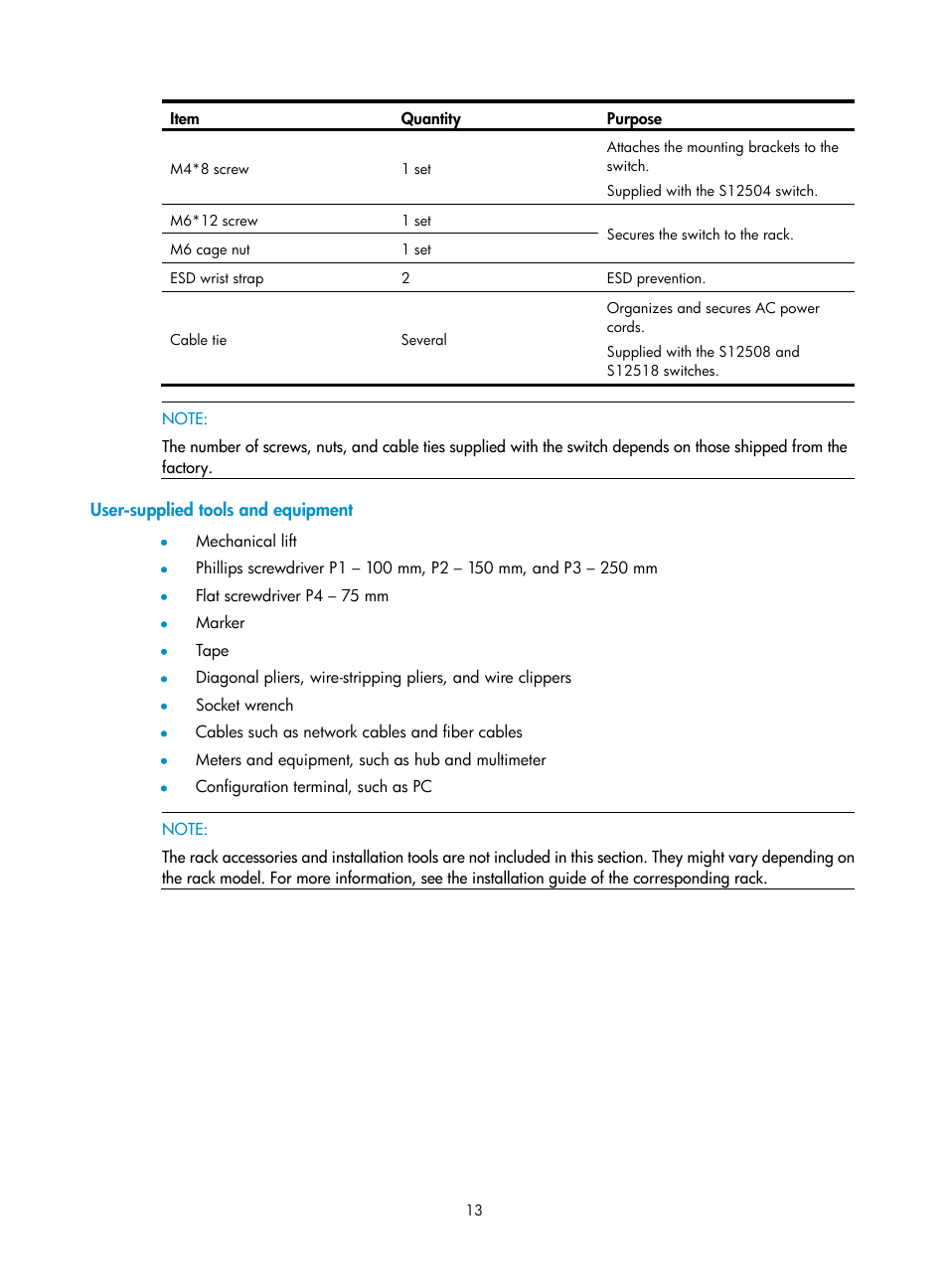 User-supplied tools and equipment | H3C Technologies H3C S12500 Series Switches User Manual | Page 23 / 163