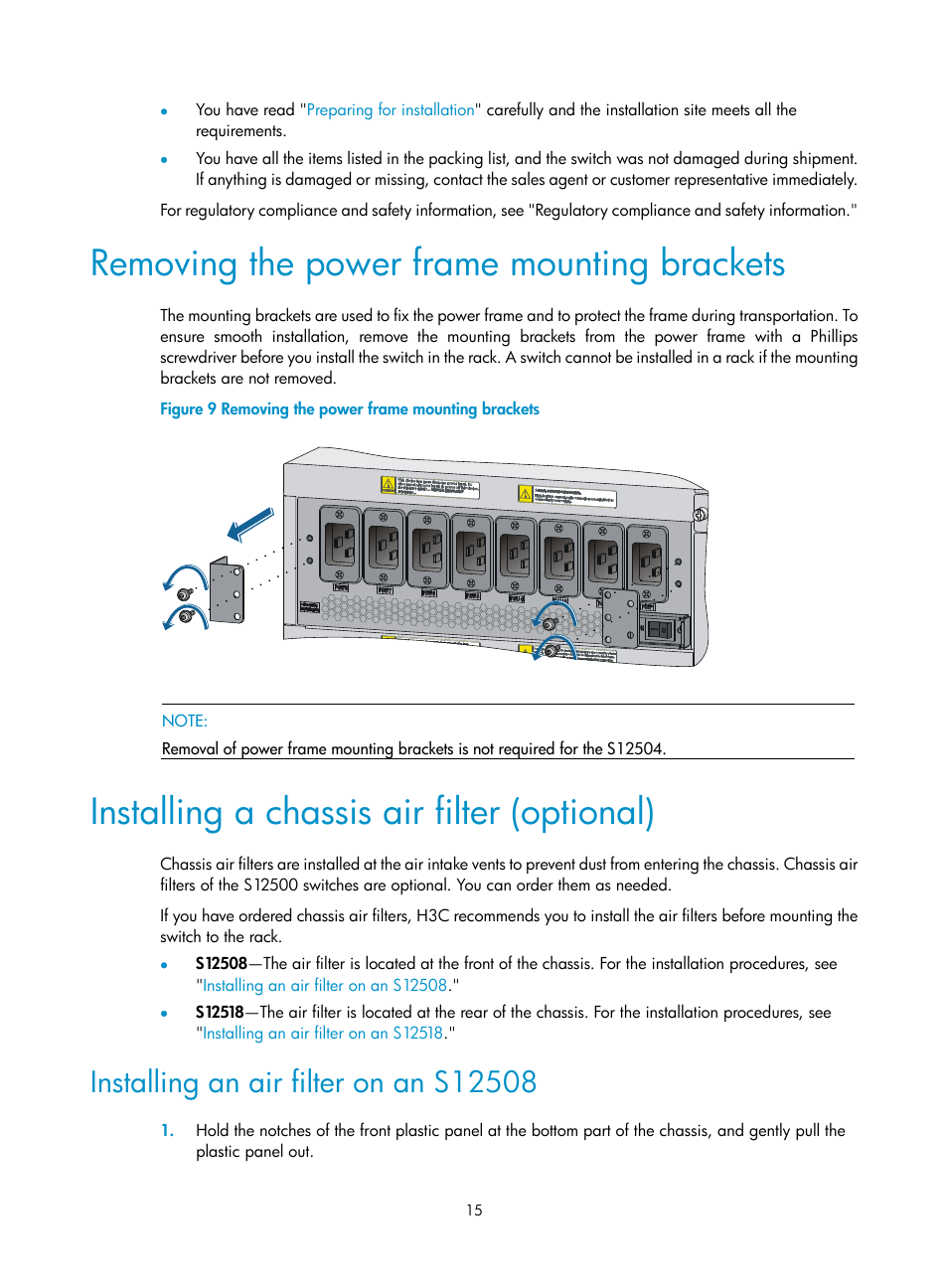 Removing the power frame mounting brackets, Installing a chassis air filter (optional), Installing an air filter on an s12508 | H3C Technologies H3C S12500 Series Switches User Manual | Page 25 / 163