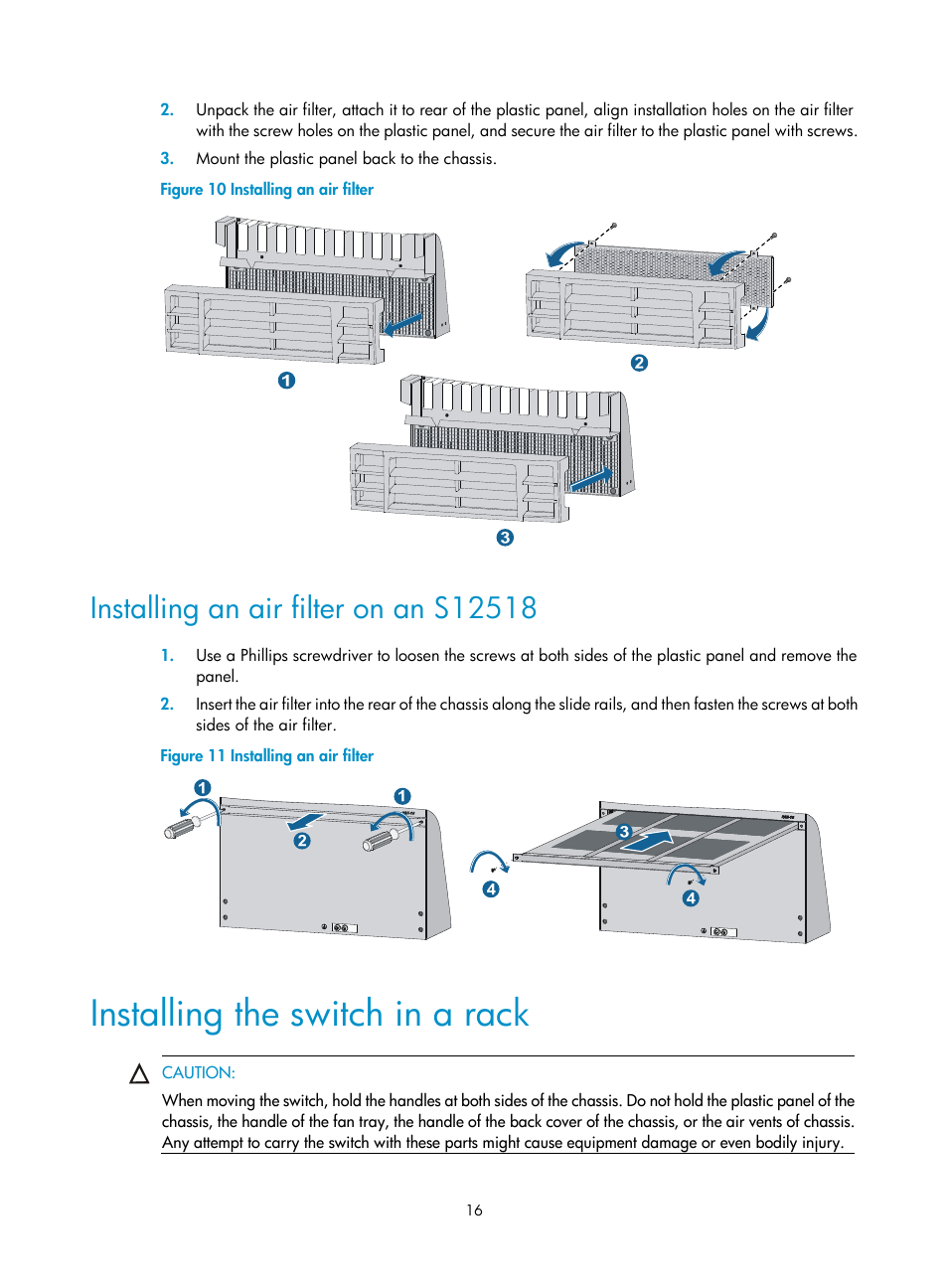 Installing an air filter on an s12518, Installing the switch in a rack | H3C Technologies H3C S12500 Series Switches User Manual | Page 26 / 163