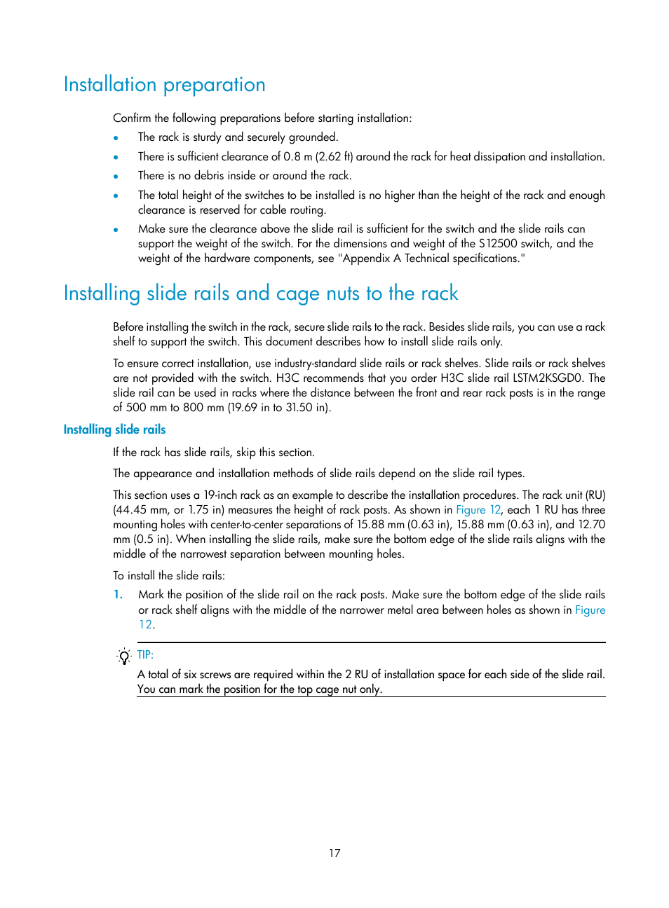 Installation preparation, Installing slide rails and cage nuts to the rack, Installing slide rails | H3C Technologies H3C S12500 Series Switches User Manual | Page 27 / 163