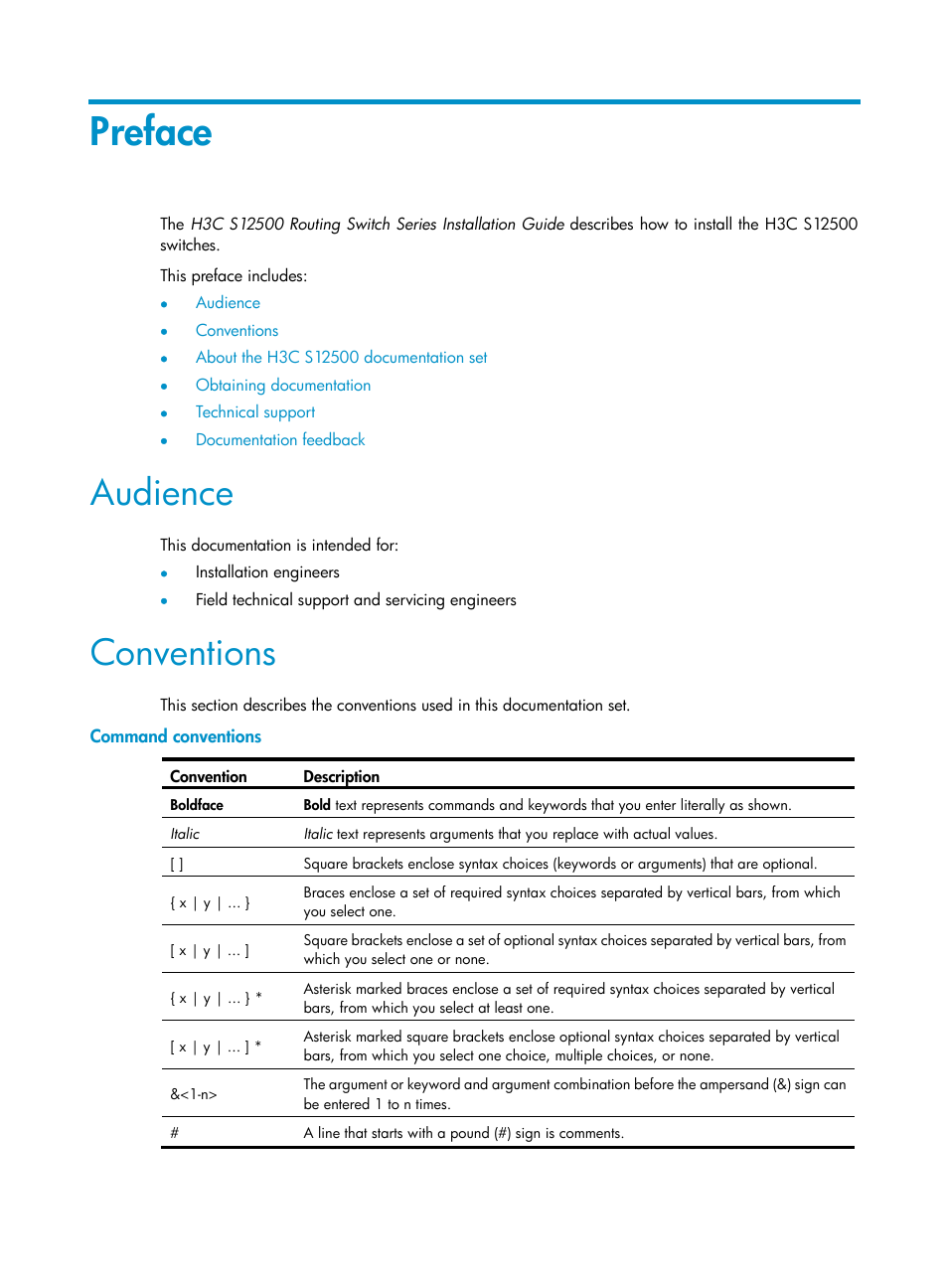 Preface, Audience, Conventions | Command conventions | H3C Technologies H3C S12500 Series Switches User Manual | Page 3 / 163