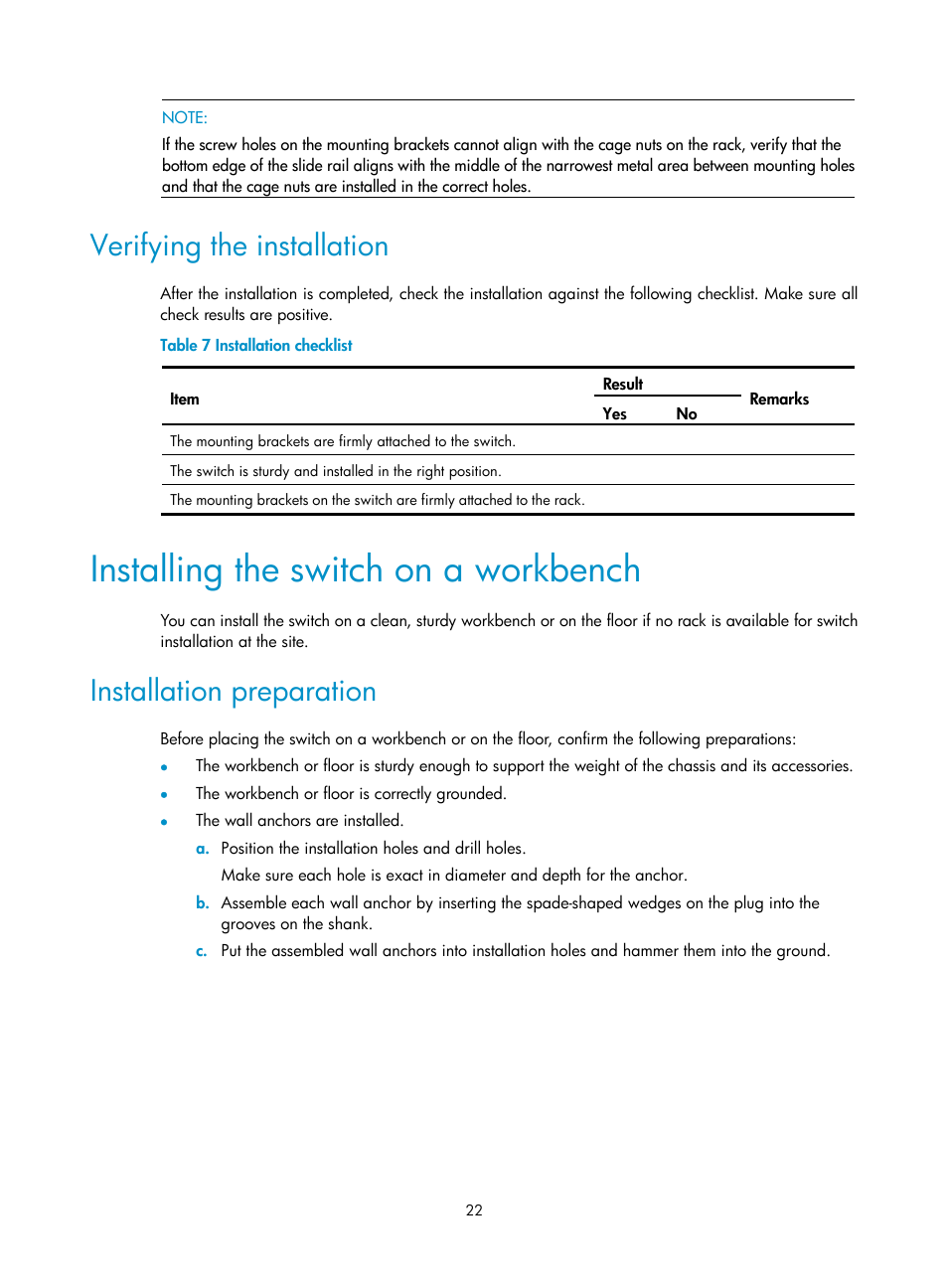 Verifying the installation, Installing the switch on a workbench, Installation preparation | H3C Technologies H3C S12500 Series Switches User Manual | Page 32 / 163