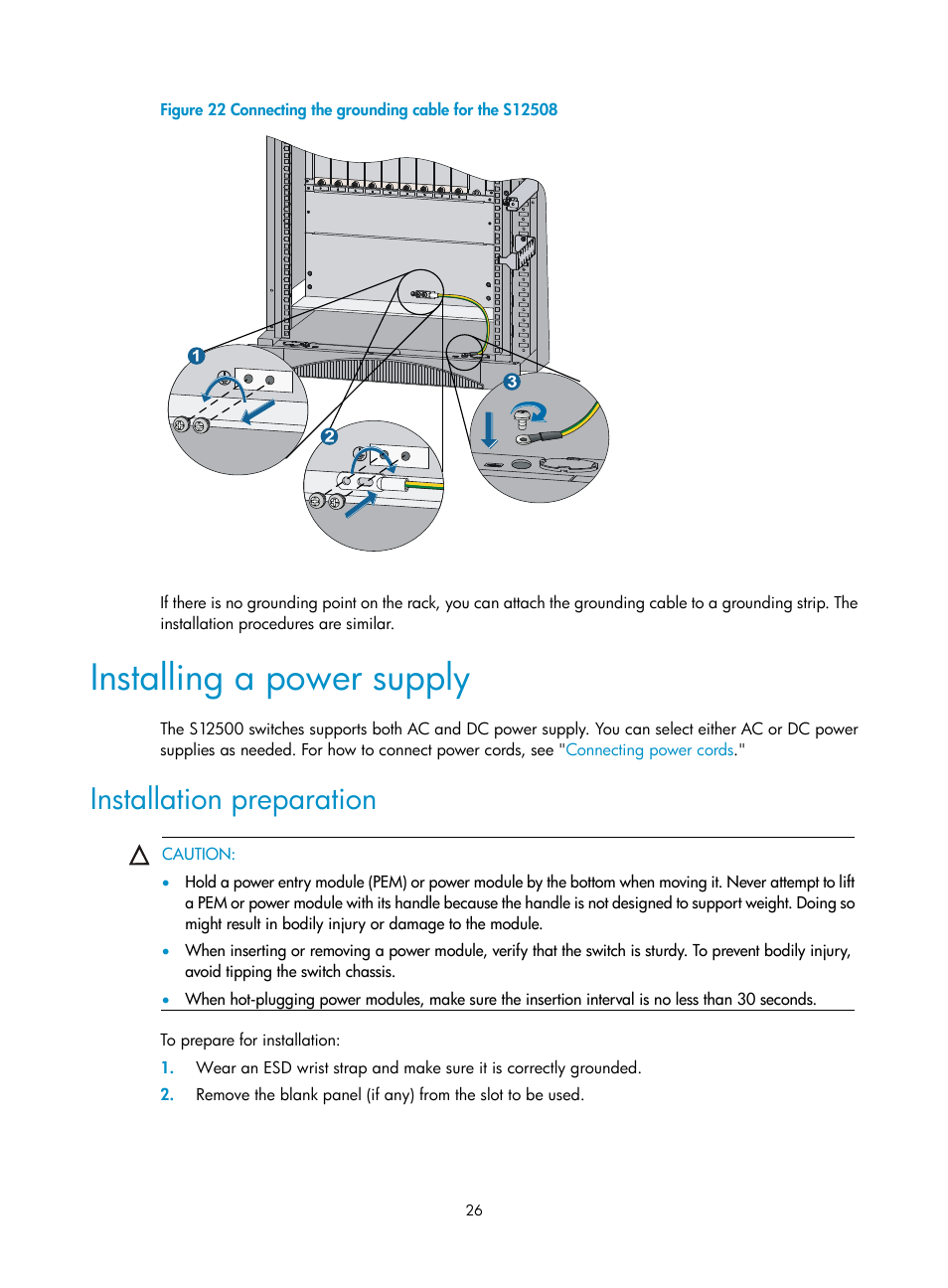 Installing a power supply, Installation preparation | H3C Technologies H3C S12500 Series Switches User Manual | Page 36 / 163
