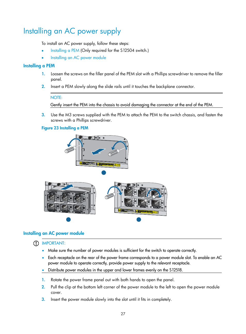 Installing an ac power supply, Installing a pem, Installing an ac power module | H3C Technologies H3C S12500 Series Switches User Manual | Page 37 / 163