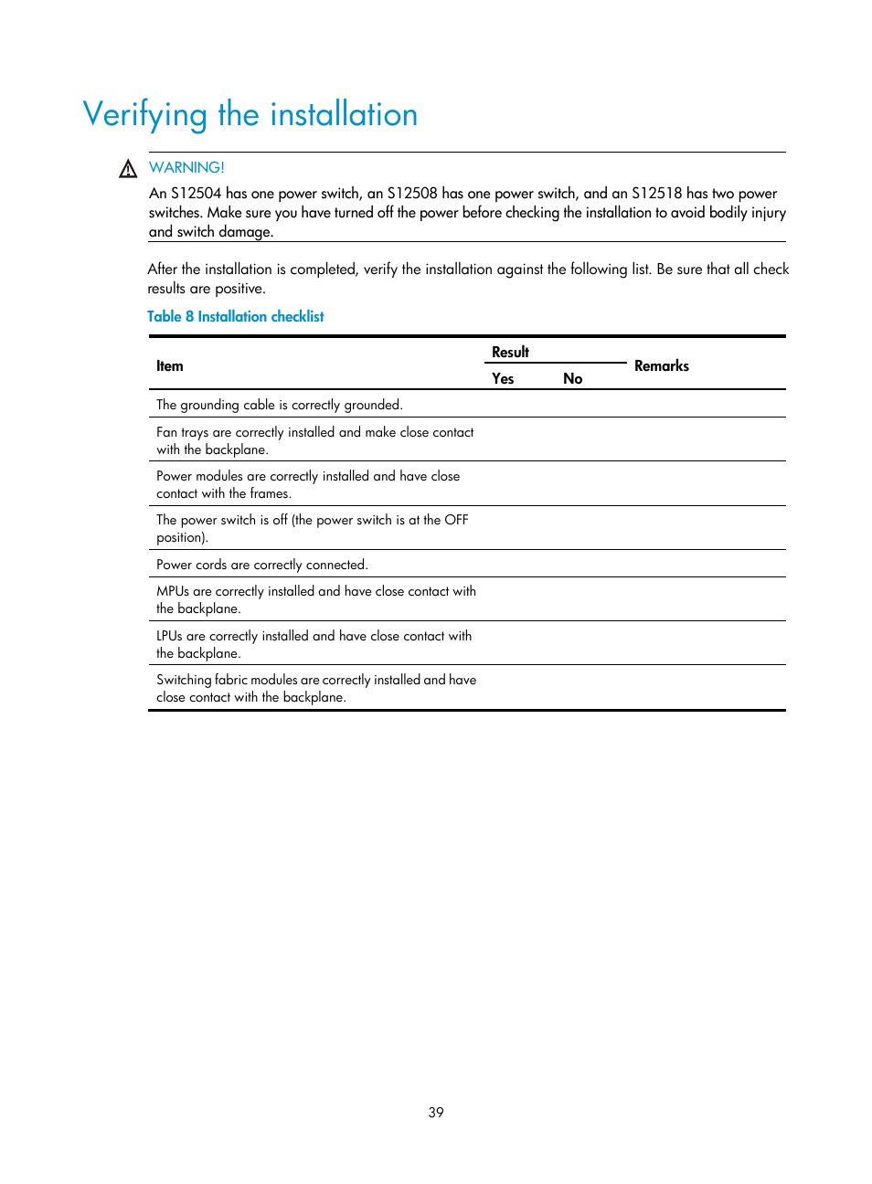 Verifying the installation | H3C Technologies H3C S12500 Series Switches User Manual | Page 49 / 163