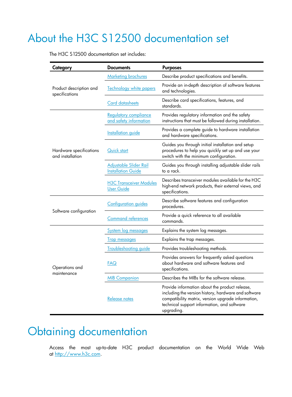 About the h3c s12500 documentation set, Obtaining documentation | H3C Technologies H3C S12500 Series Switches User Manual | Page 5 / 163