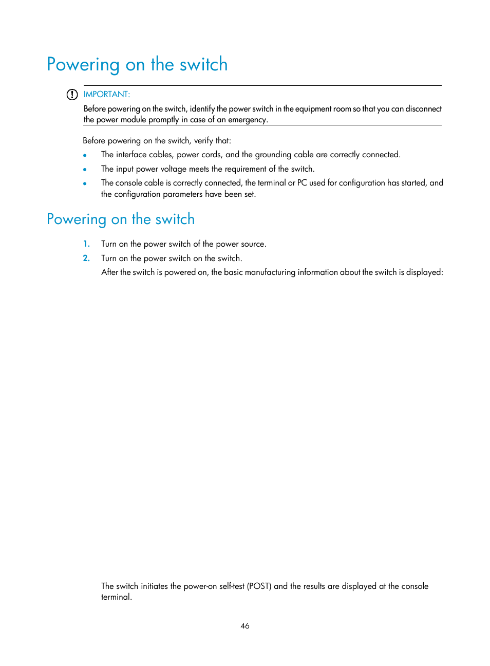 Powering on the switch | H3C Technologies H3C S12500 Series Switches User Manual | Page 56 / 163