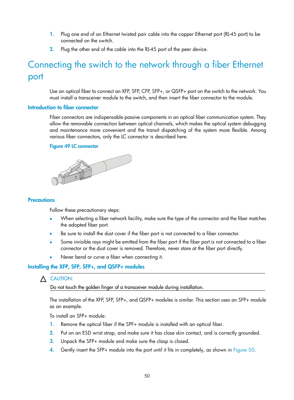 Introduction to fiber connector, Precautions, Installing the xfp, sfp, sfp+, and qsfp+ modules | H3C Technologies H3C S12500 Series Switches User Manual | Page 60 / 163