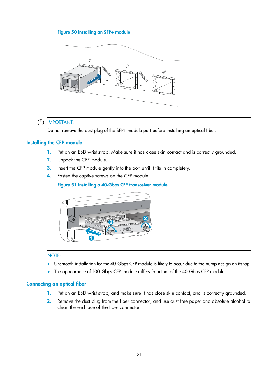 Installing the cfp module, Connecting an optical fiber | H3C Technologies H3C S12500 Series Switches User Manual | Page 61 / 163