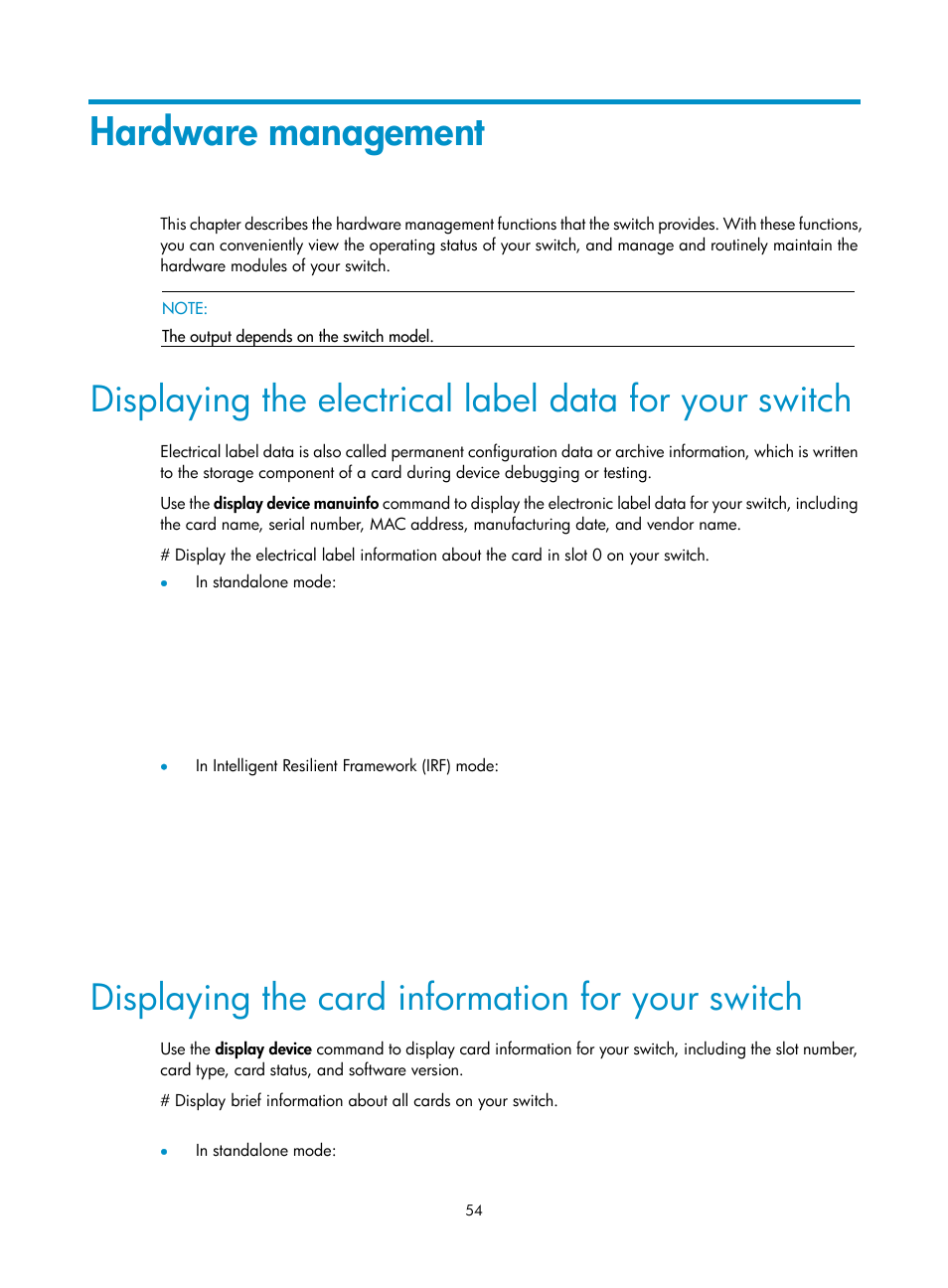 Hardware management, Displaying the card information for your switch | H3C Technologies H3C S12500 Series Switches User Manual | Page 64 / 163