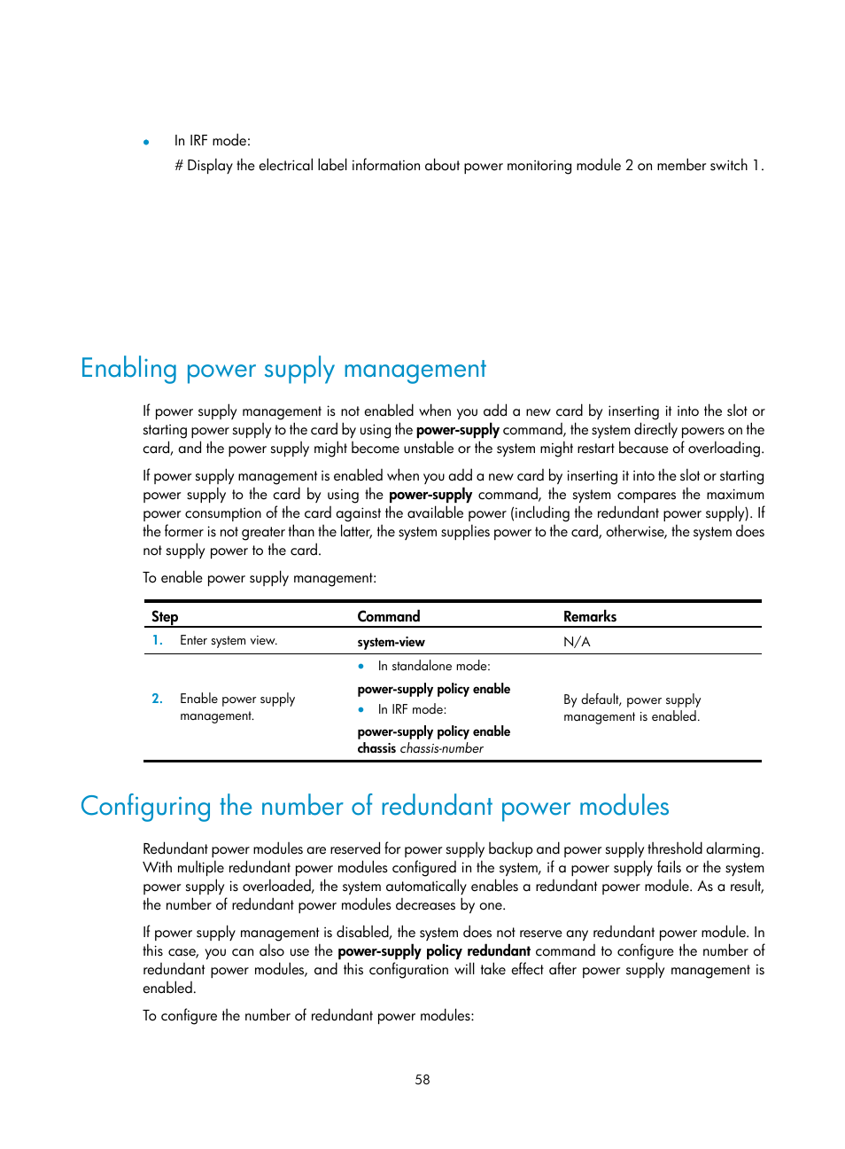 Enabling power supply management, Configuring the number of redundant power modules | H3C Technologies H3C S12500 Series Switches User Manual | Page 68 / 163