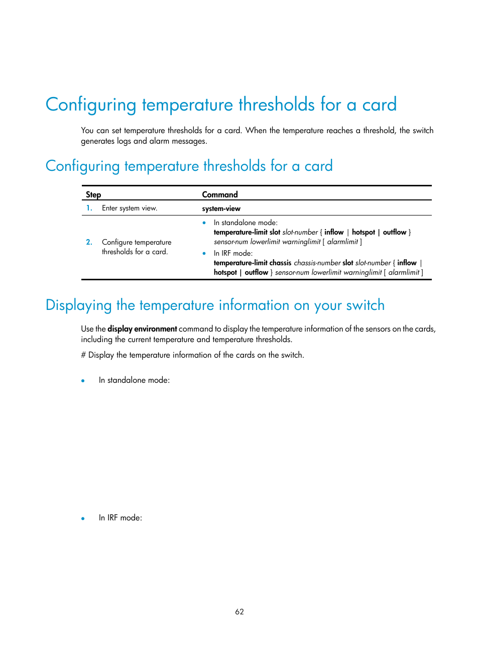 Configuring temperature thresholds for a card | H3C Technologies H3C S12500 Series Switches User Manual | Page 72 / 163