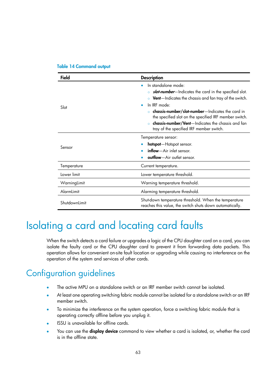 Isolating a card and locating card faults, Configuration guidelines | H3C Technologies H3C S12500 Series Switches User Manual | Page 73 / 163