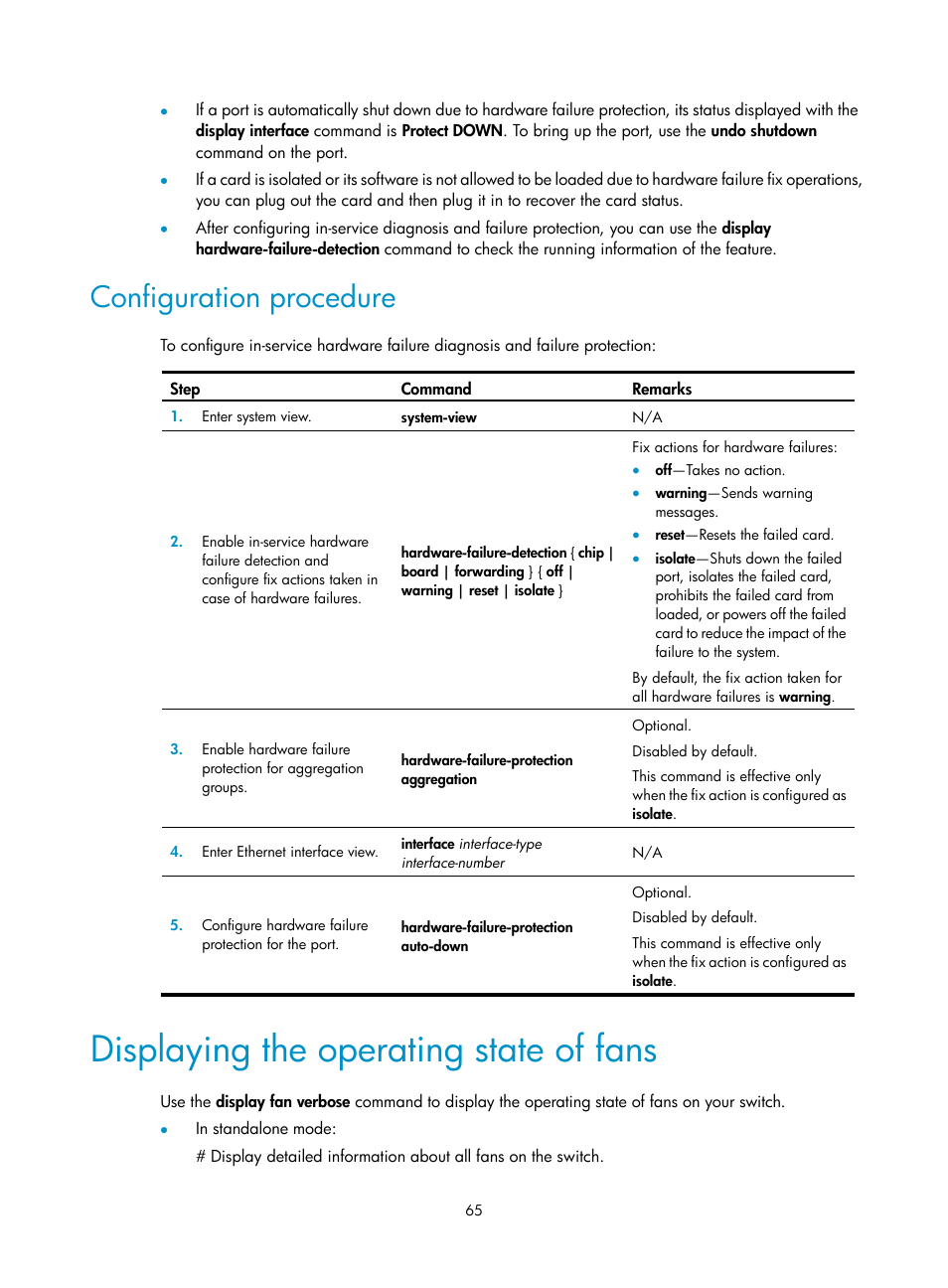 Configuration procedure, Displaying the operating state of fans | H3C Technologies H3C S12500 Series Switches User Manual | Page 75 / 163