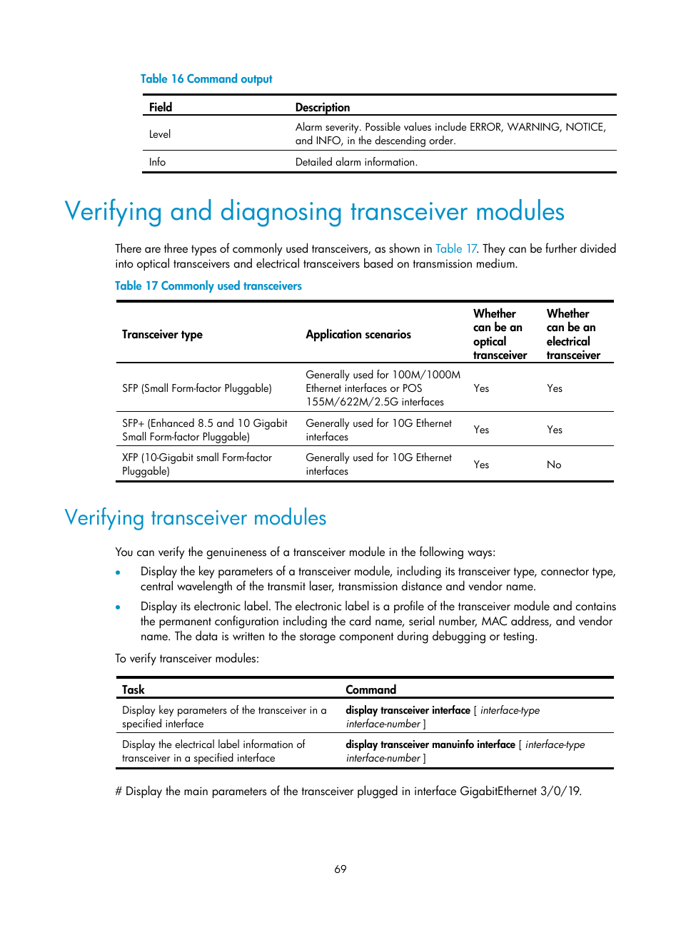 Verifying and diagnosing transceiver modules, Verifying transceiver modules | H3C Technologies H3C S12500 Series Switches User Manual | Page 79 / 163