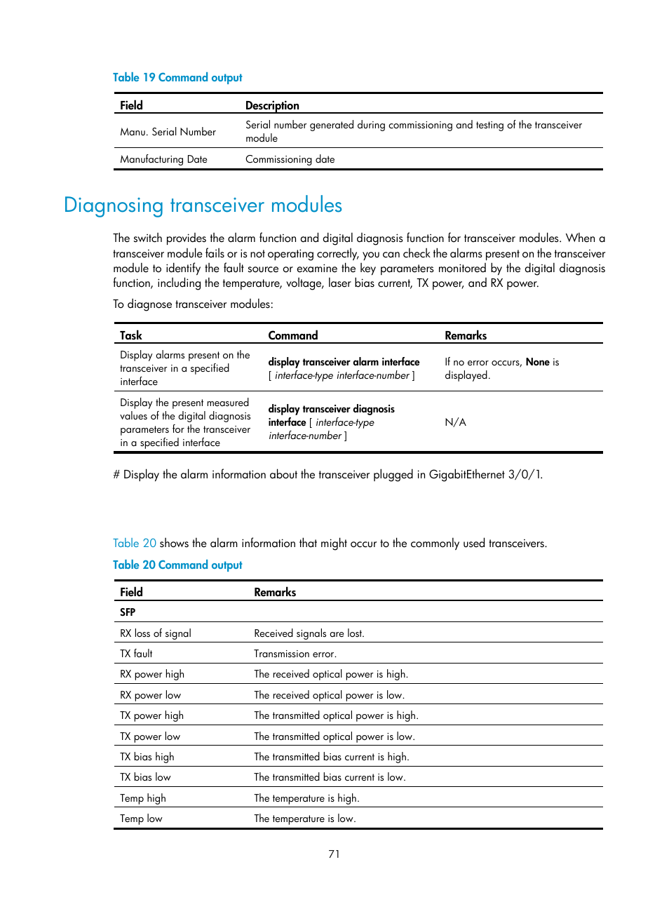 Diagnosing transceiver modules | H3C Technologies H3C S12500 Series Switches User Manual | Page 81 / 163