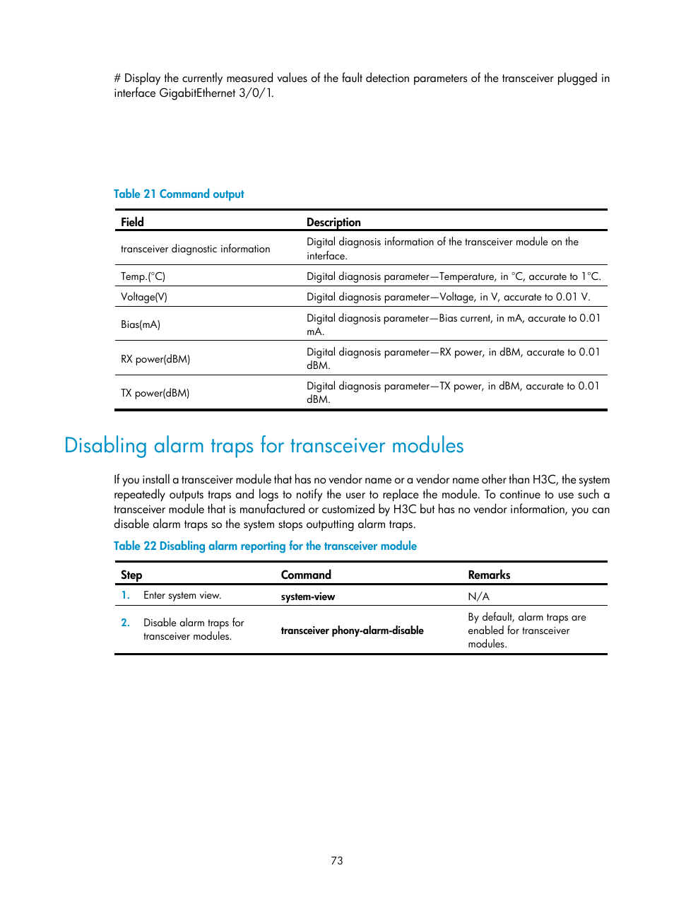 Disabling alarm traps for transceiver modules | H3C Technologies H3C S12500 Series Switches User Manual | Page 83 / 163