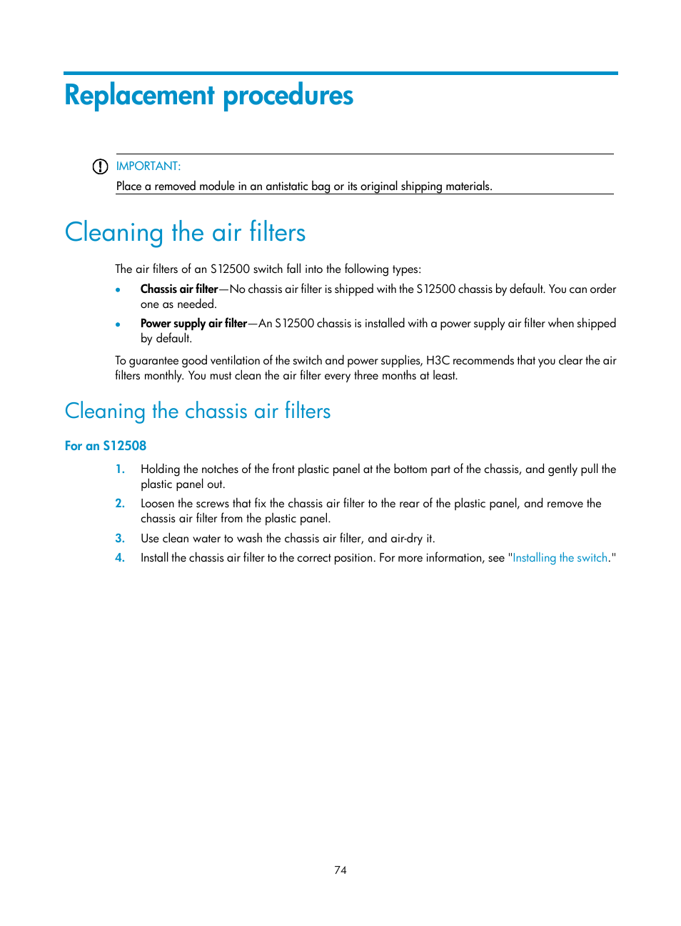 Replacement procedures, Cleaning the air filters, Cleaning the chassis air filters | For an s12508 | H3C Technologies H3C S12500 Series Switches User Manual | Page 84 / 163
