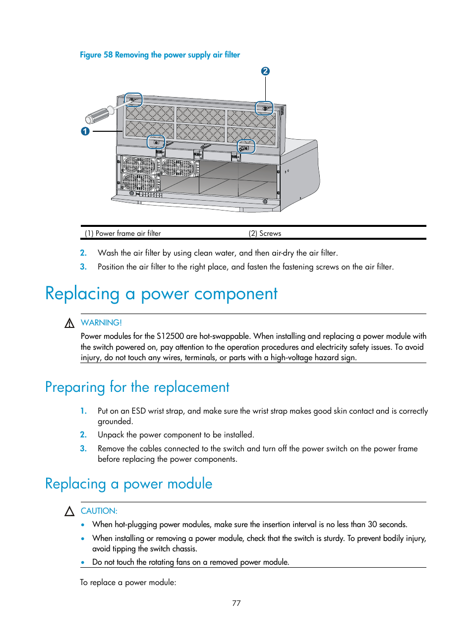 Replacing a power component, Preparing for the replacement, Replacing a power module | H3C Technologies H3C S12500 Series Switches User Manual | Page 87 / 163