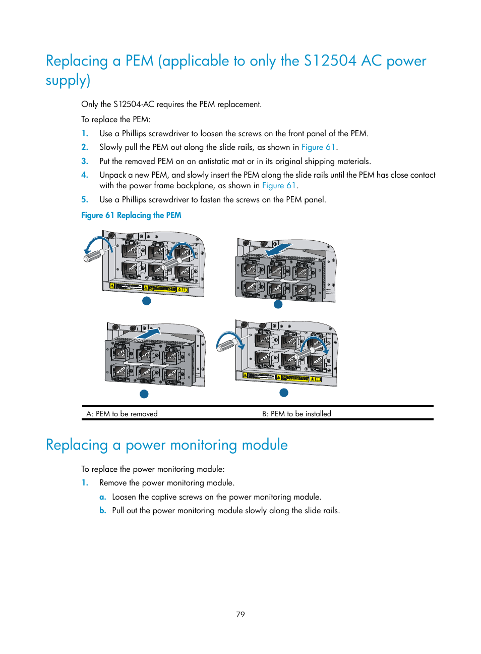 Replacing a power monitoring module | H3C Technologies H3C S12500 Series Switches User Manual | Page 89 / 163