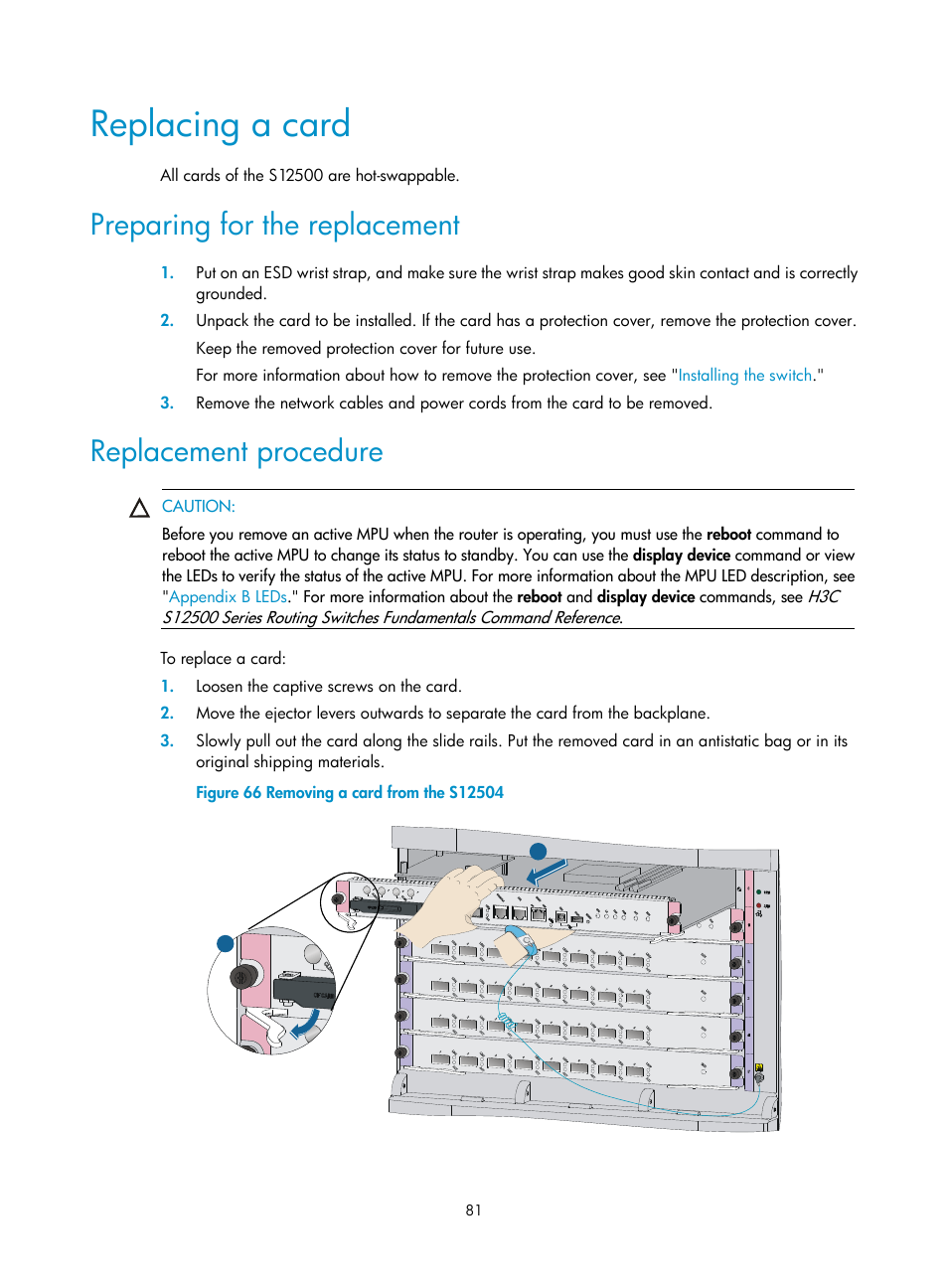 Replacing a card, Preparing for the replacement, Replacement procedure | H3C Technologies H3C S12500 Series Switches User Manual | Page 91 / 163